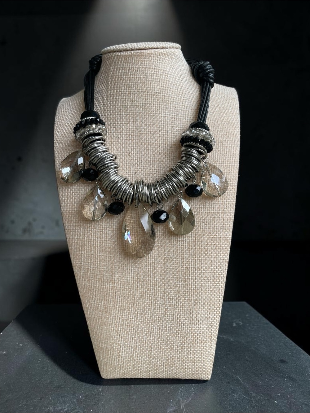 Statement Smoky Glass Teardrop Leather Choker Silver Tone Necklace